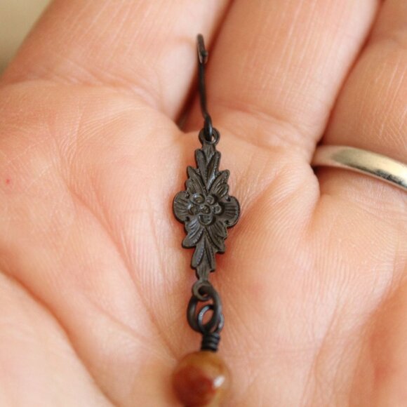 Handmade Women's Earrings, Black Metal with Brown Beads and a Faux Pearl Dangles - Picture 8 of 10